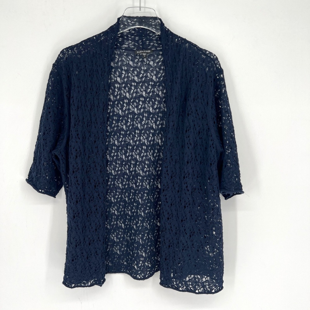 Eileen Fisher Cardigan Womens XL Wool Cropped Open Knit Crochet Coquette Blue‎